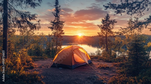 A tent set up on a hilltop at sunset, with a panoramic view of the surrounding forests and a distant lake. photo