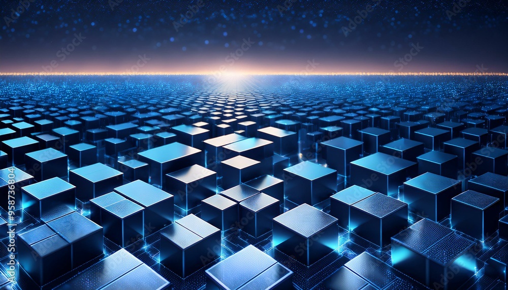 Obraz premium a surface consisting of many neatly arranged three-dimensional boxes, with a dark blue color and bright blue borders, creating a futuristic and dynamic impression