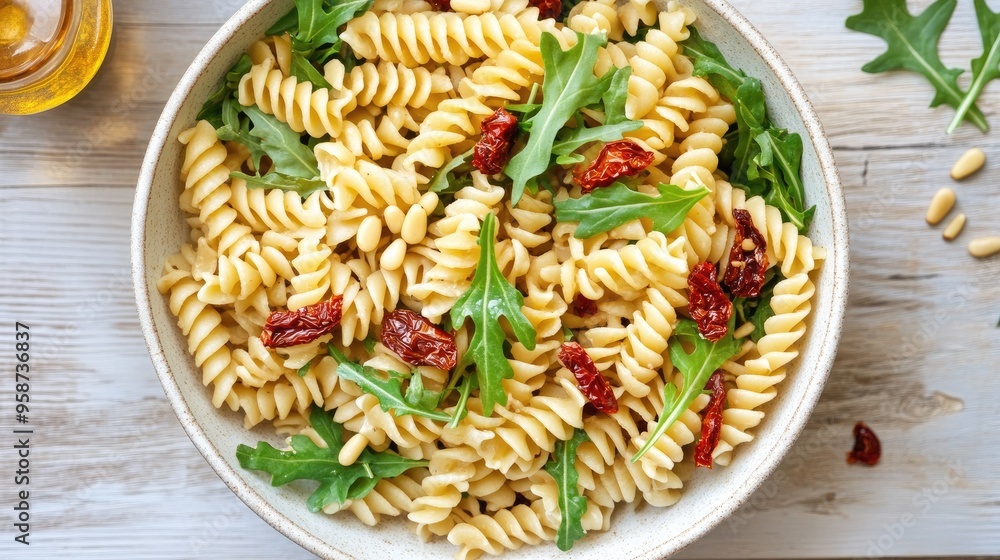 A top view of a bowl of gluten-free pasta with sun-dried tomatoes, arugula, and pine nuts, highlighting healthy eating A top view of a bowl of gluten-free pasta with sun-dried tomatoes, arugula, and pine nuts, highlighting healthy eating