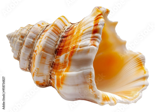 Colorful conch shell resting on a white background, cut out - stock png.