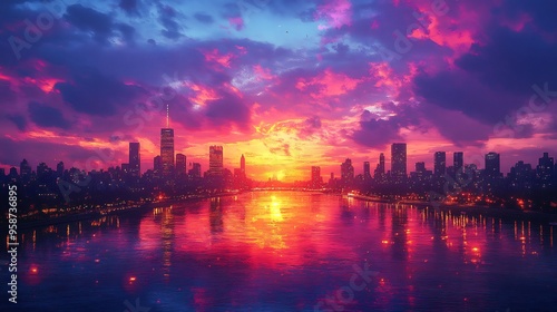 Digital artwork of urban skyline at dusk with glowing city lights reflections on a river and a vibrant sunset