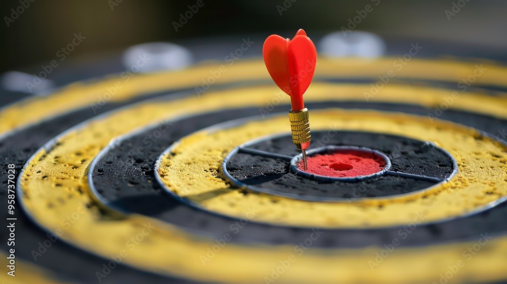 Red dart hitting the bullseye of a dartboard. Red dart hitting the bullseye of a dartboard.