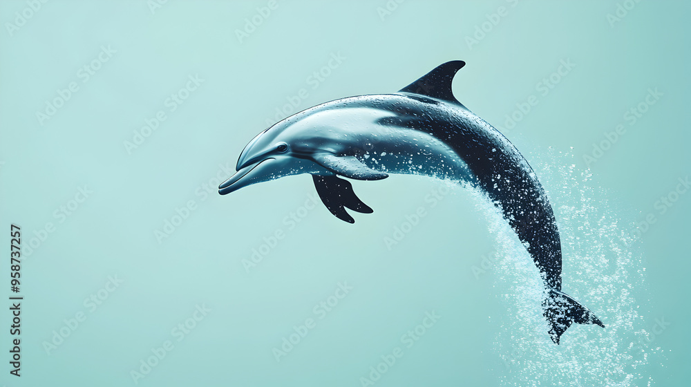 Obraz premium A playful dolphin leaping out of water on a turquoise background