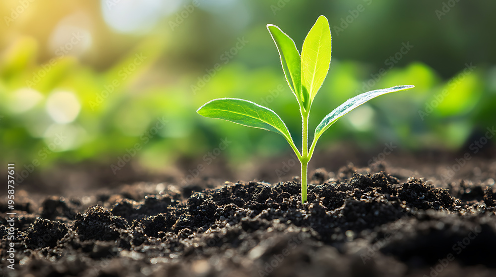 Fototapeta premium Young green plant growing in fresh soil 