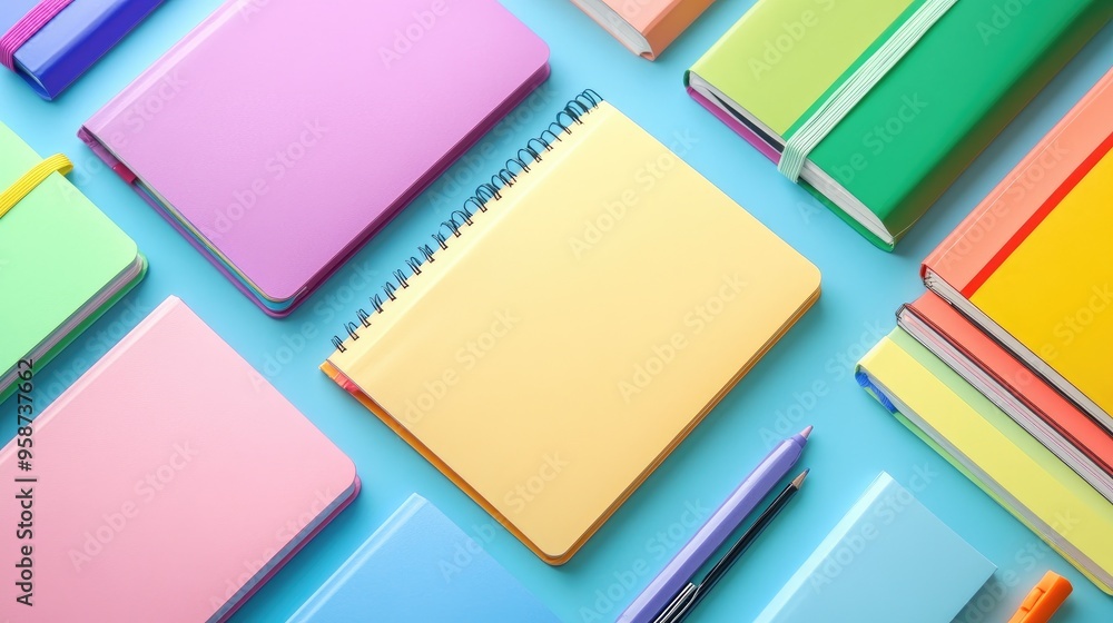 A vibrant display of multicolored notebooks open to blank pages, with a mix of bright hues and soft pastels on a clean desk. A vibrant display of multicolored notebooks open to blank pages, with a mix of bright hues and soft pastels on a clean desk.