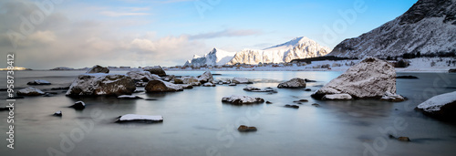 Snowy fjord and mountain in Lofoten. Norway