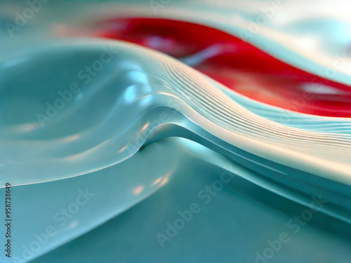 Fluid plastic-like waves texture in pale blue-green colors with a streak of red