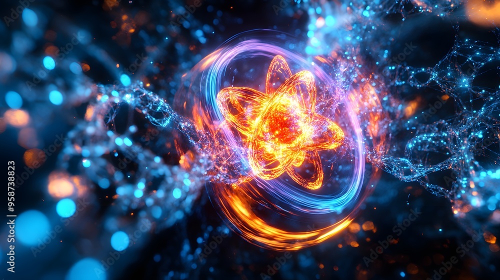 70. Futuristic depiction of a vibrant atom within a complex mineral-rich molecular network 70. Futuristic depiction of a vibrant atom within a complex mineral-rich molecular network