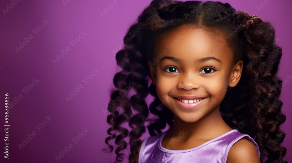 Portrait of smiling cute African American child girl with perfect skin, purple background, banner. Portrait of smiling cute African American child girl with perfect skin, purple background, banner.