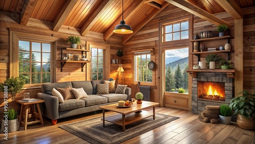 A cozy rustic living room with wooden walls, a fireplace, and large windows offering a view of nature