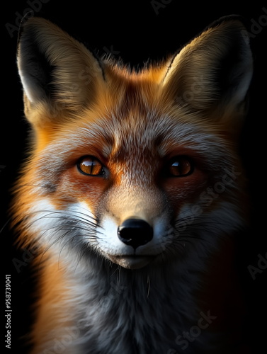 portrait of a fox front face on dark background