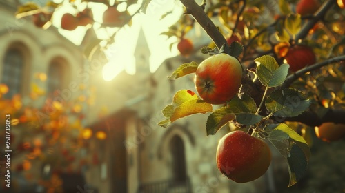 Ripe beautiful apple fruit on tree with church building photo