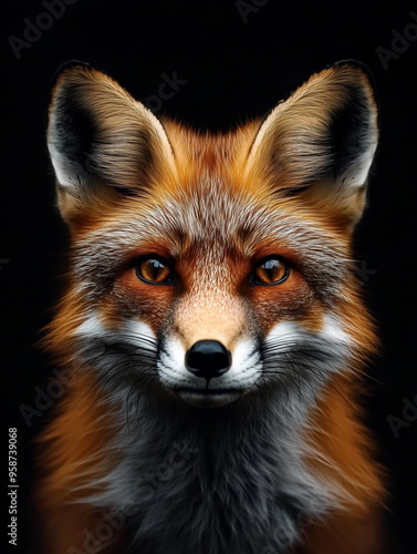 portrait of a fox front face on dark background