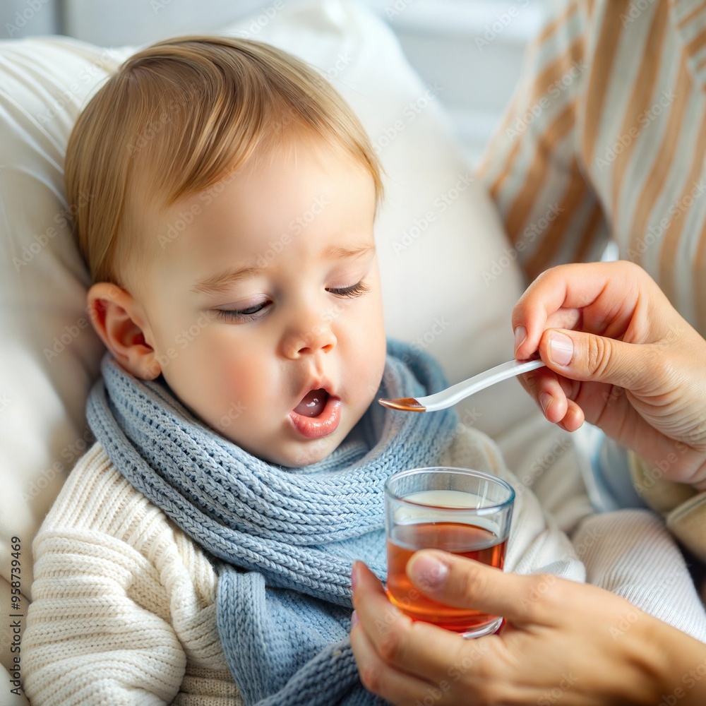 a child with a blue scarf wrapped around his throat lies in bed, his mother gives him medicine with a spoon a child with a blue scarf wrapped around his throat lies in bed, his mother gives him medicine with a spoon