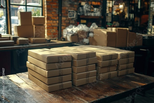 Stacked Cardboard Boxes on a Wooden Table in a Warehouse Setting photo