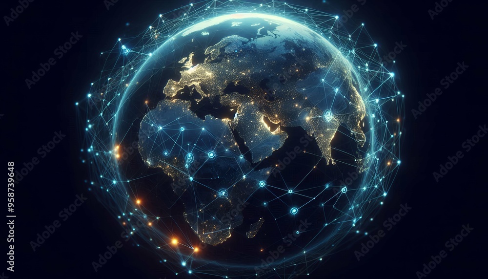 Obraz premium Blue digital network visualization around the globe, showcasing interconnected points and glowing lines to represent global communication technology.