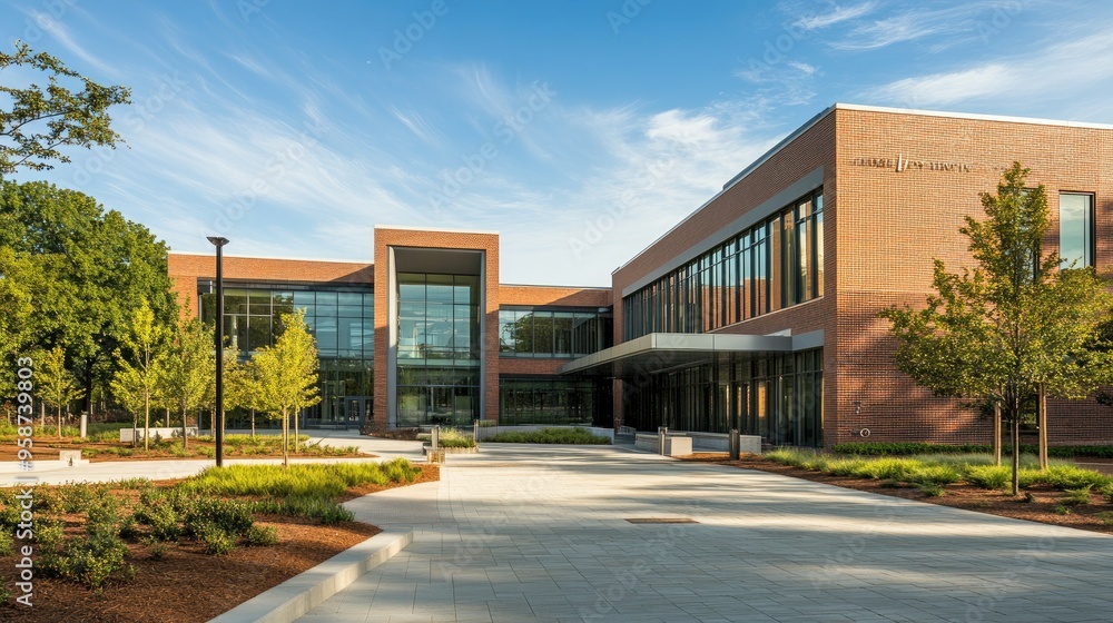 An architectural shot of a modern building with a brick exterior, featuring clean lines and sleek design elements. An architectural shot of a modern building with a brick exterior, featuring clean lines and sleek design elements.