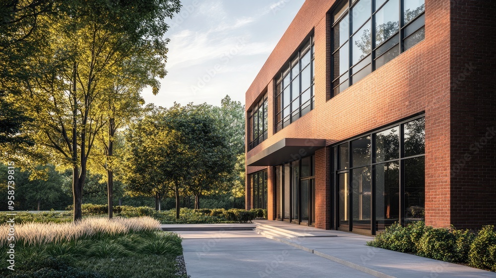 An architectural shot of a modern building with a brick exterior, featuring clean lines and sleek design elements. An architectural shot of a modern building with a brick exterior, featuring clean lines and sleek design elements.
