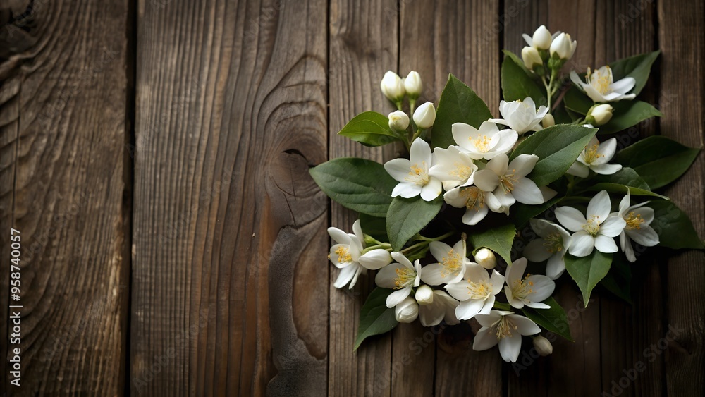 A wooden background with delicate white jasmine flowers, perfect, natural and elegant design. A wooden background with delicate white jasmine flowers, perfect, natural and elegant design.