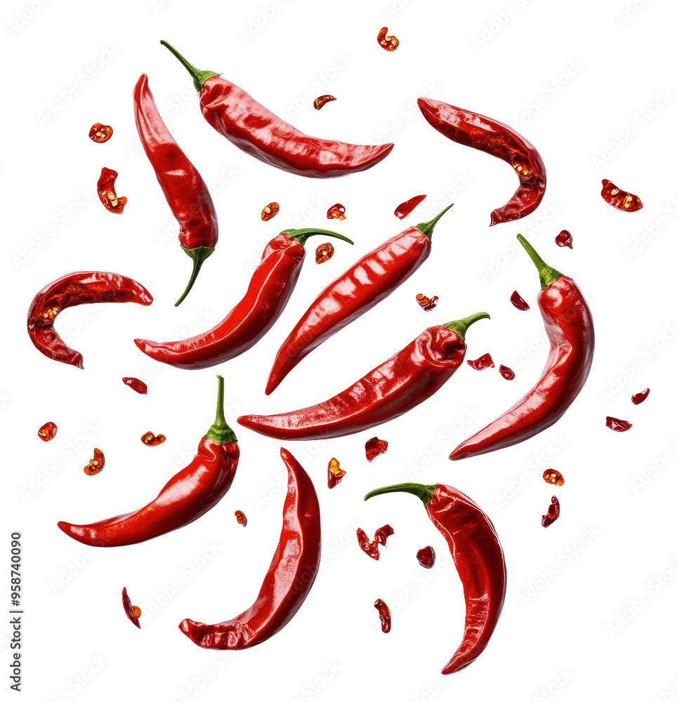 Fresh red chilies scattered on a white background, cut out - stock png. Fresh red chilies scattered on a white background, cut out - stock png.