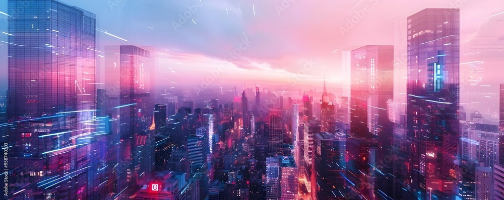 Futuristic City Landscape with Towering Skyscrapers and Holographic Advertisements Futuristic City Landscape with Towering Skyscrapers and Holographic Advertisements