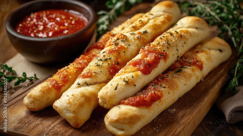 An assortment of homemade breadsticks with a golden brown finish, garnished with herbs and served with marinara sauce. An assortment of homemade breadsticks with a golden brown finish, garnished with herbs and served with marinara sauce.