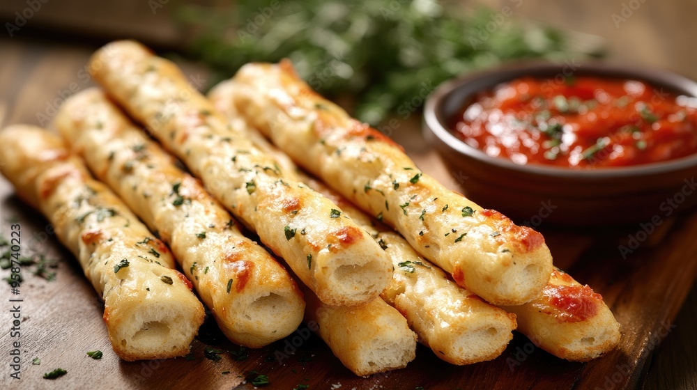 An assortment of homemade breadsticks with a golden brown finish, garnished with herbs and served with marinara sauce. An assortment of homemade breadsticks with a golden brown finish, garnished with herbs and served with marinara sauce.