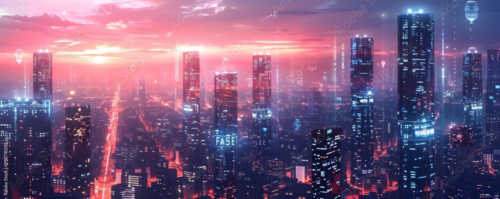 Futuristic Cityscape with Towering Structures and Holographic Advertisements at Dusk Futuristic Cityscape with Towering Structures and Holographic Advertisements at Dusk