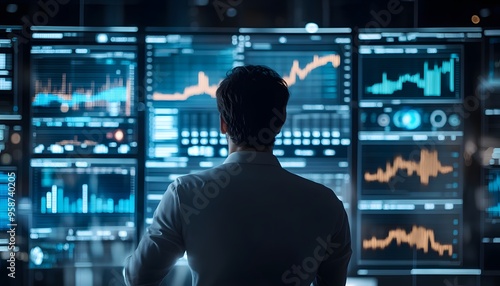 A Man Looking at Data on Multiple Monitors