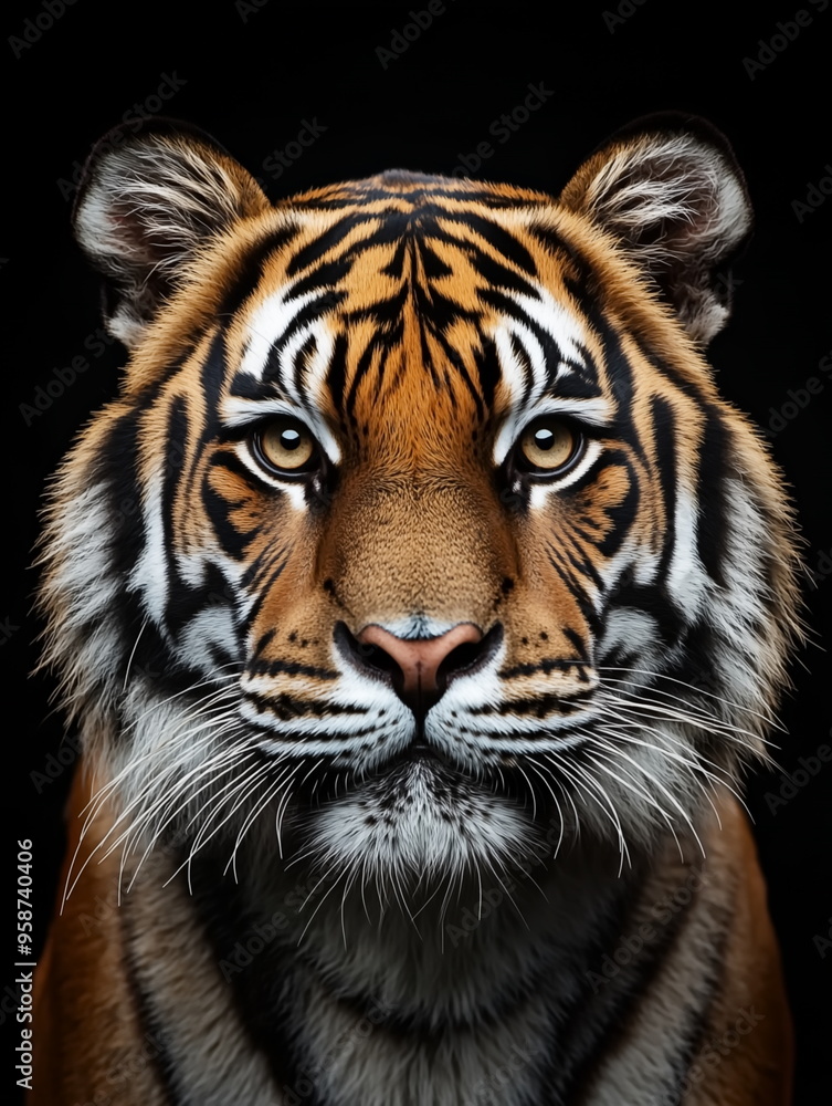 portrait of a bengal tiger front face on dark background portrait of a bengal tiger front face on dark background