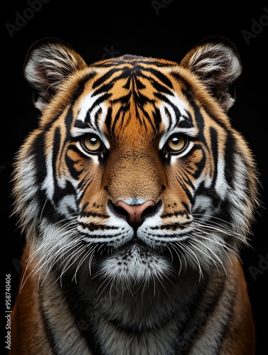 portrait of a bengal tiger front face on dark background