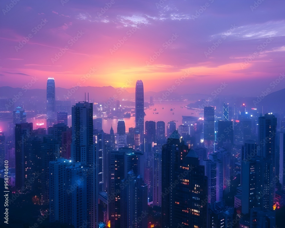 Fototapeta premium Dramatic Twilight Skyline of Bustling Metropolis with Glowing Horizon and Skyscrapers