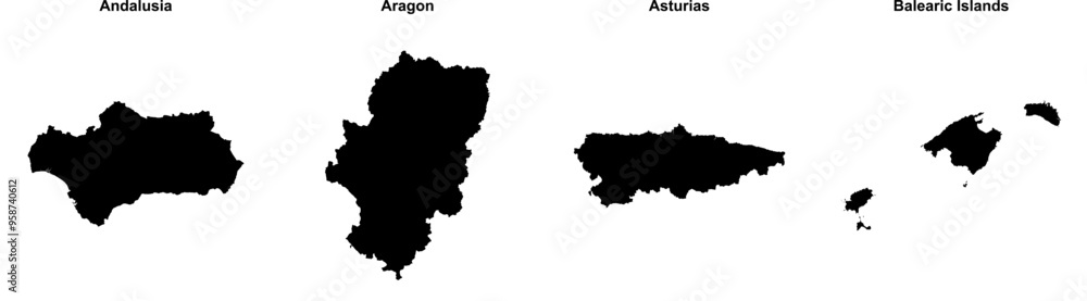 Andalusia, Aragon, Asturias, Balearic Islands outline maps Andalusia, Aragon, Asturias, Balearic Islands outline maps