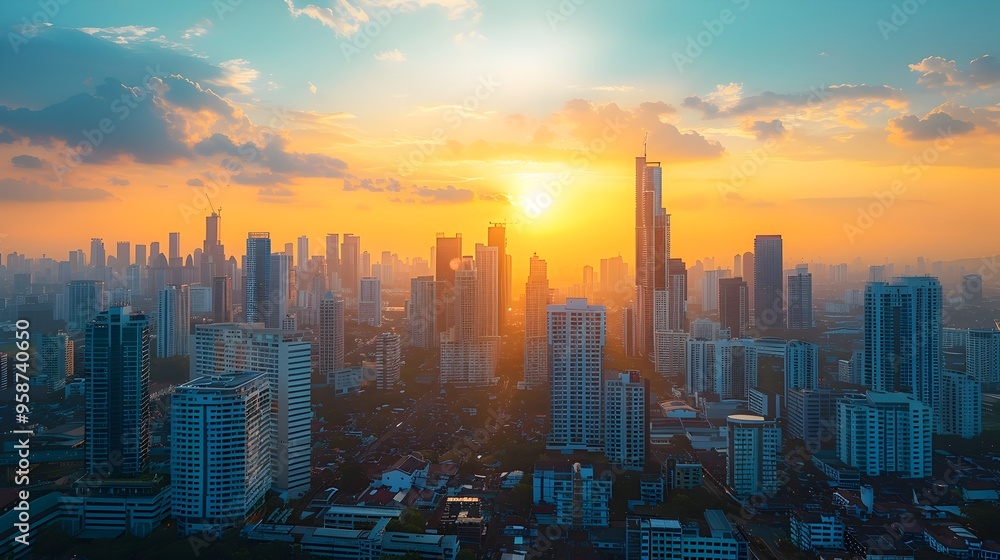Fototapeta premium Magnificent Skyline of Vibrant City During Magical Golden Hour with Mix of Old and New High Rise Buildings
