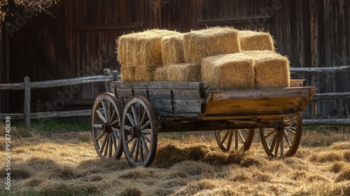 An old wooden wagon loaded with square hay bales, sitting in a rustic barnyard with weathered wooden fences.