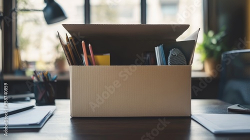 An open cardboard box filled with office supplies, set on a desk, representing packing up for a move