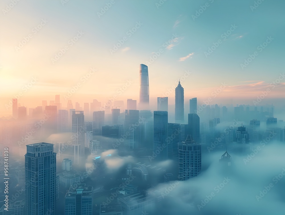 Fototapeta premium Mysterious Urban Skyline Shrouded in Misty Morning Fog Towering Skyscrapers in the Hazy City Landscape