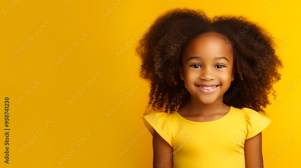 Portrait of smiling cute African American child girl with perfect skin, yellow background, banner. Portrait of smiling cute African American child girl with perfect skin, yellow background, banner.