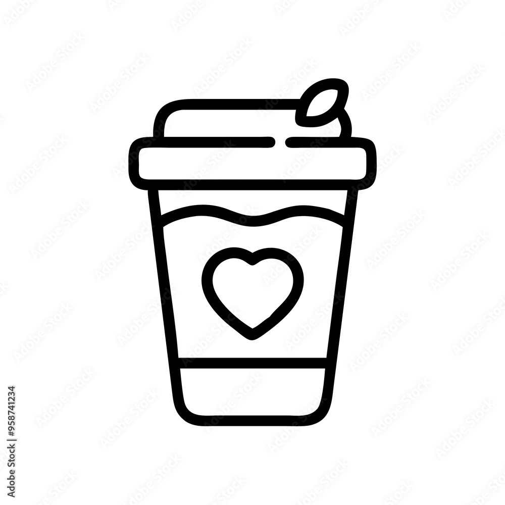 A simple black and white drawing of a to-go coffee cup with a heart design and a small leaf on the lid A simple black and white drawing of a to-go coffee cup with a heart design and a small leaf on the lid
