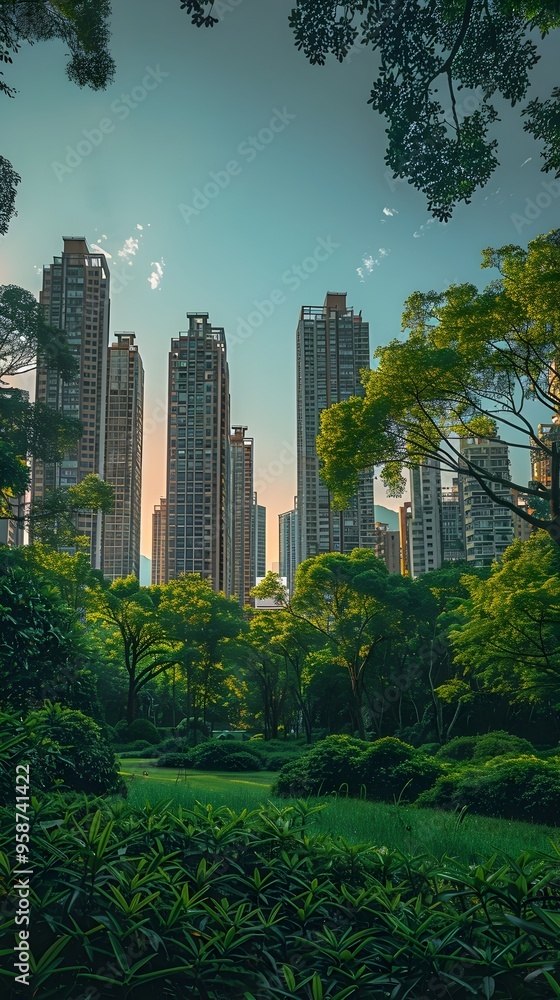 Obraz premium Lush Greenery Envelops Towering Skyscrapers in Vibrant Urban Cityscape