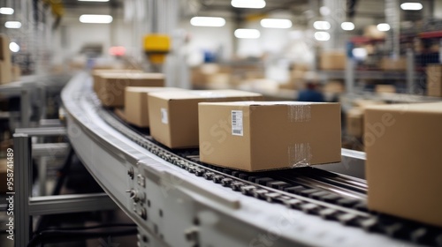 Cardboard boxes on a conveyor belt in a distribution center, highlighting automated packaging processes.