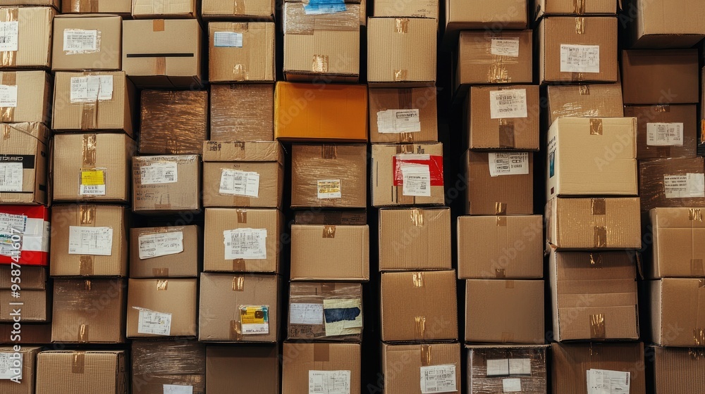 Cardboard boxes stacked vertically with different shipping labels, illustrating diversity in products. Cardboard boxes stacked vertically with different shipping labels, illustrating diversity in products.