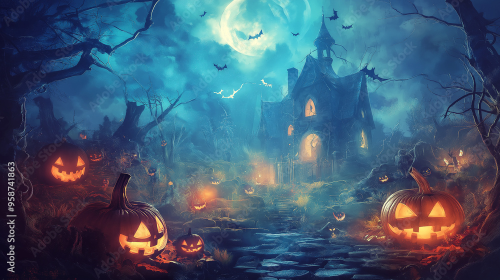 Halloween background showing haunted house with pumpkins and bats Halloween background showing haunted house with pumpkins and bats