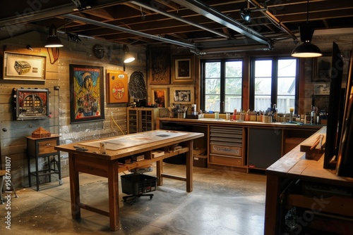 a room filled with lots of art and a wooden table