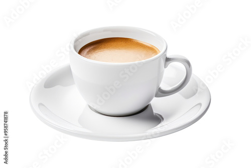 Close-up of a freshly brewed espresso in a sleek, delicate saucer, isolated on white background