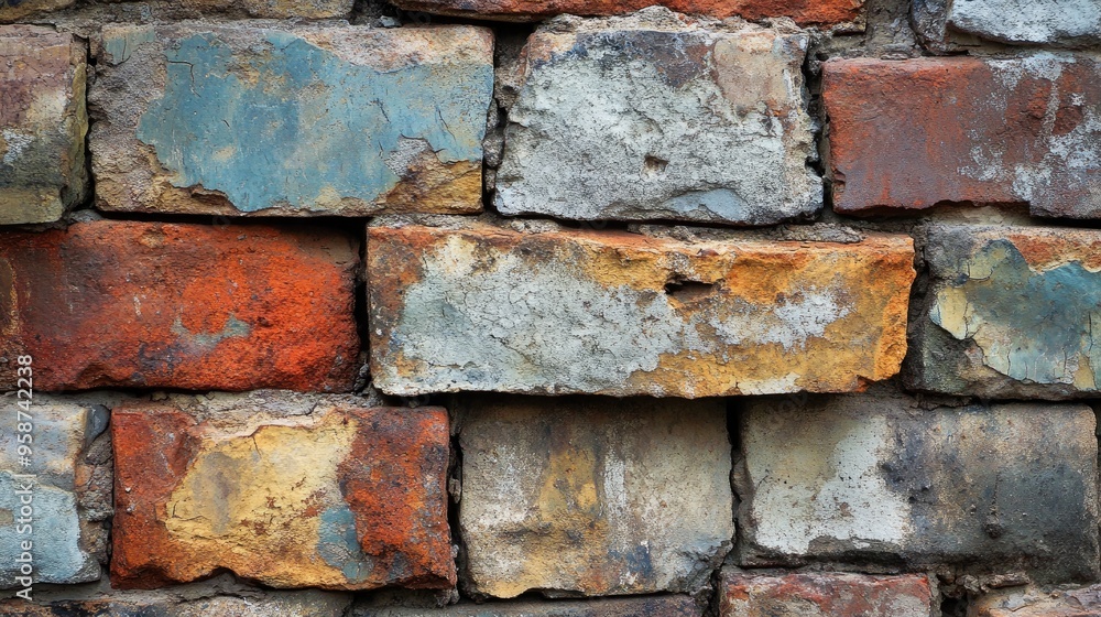 Close-up of a rustic brick wall with varied textures and colors, showcasing the unique patterns and weathering Close-up of a rustic brick wall with varied textures and colors, showcasing the unique patterns and weathering