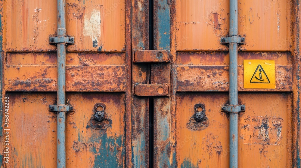 Close-up of a shipping container door with rusted metal texture, visible locks, and warning signs. Close-up of a shipping container door with rusted metal texture, visible locks, and warning signs.