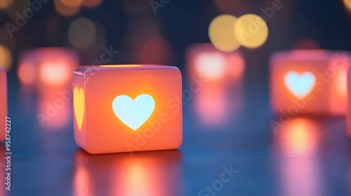Social Media Engagement: 3D Cartoon Red Heart Cubes with Glowing Icons, Perfect for Online Campaigns