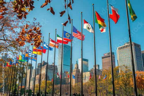 United Nations Headquarters with Flags of Member Countries on United Nations Day Celebrating International Unity