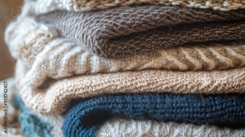 Close-up of a stack of folded blankets in various textures and colors, conveying warmth and coziness.